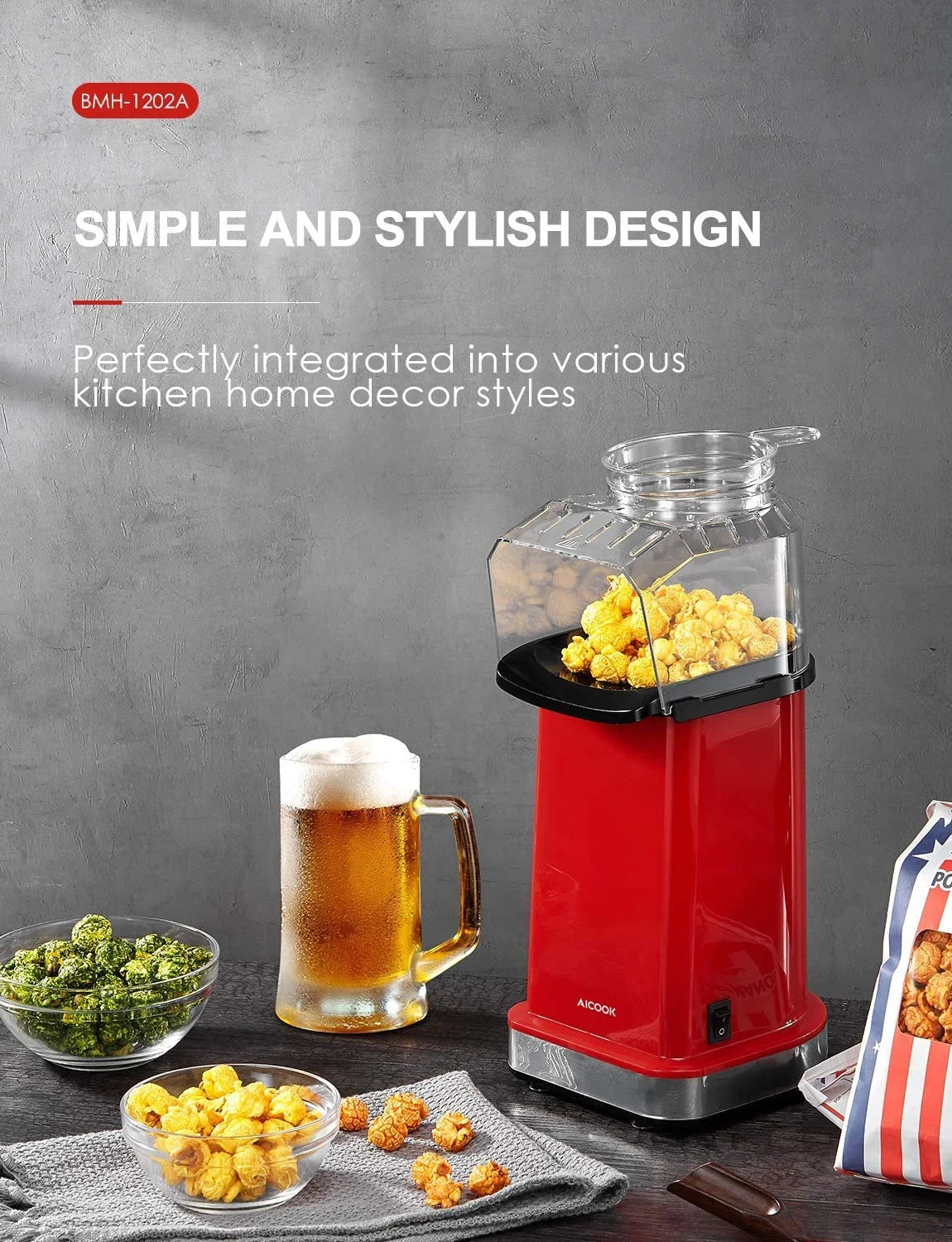 Popcorn Maker, 1400W Hot Air Popcorn Popper with Butter Melting Tray, 18 Cup Popcorn Machine for Party & Movie Night, No Oil Healthy Snack