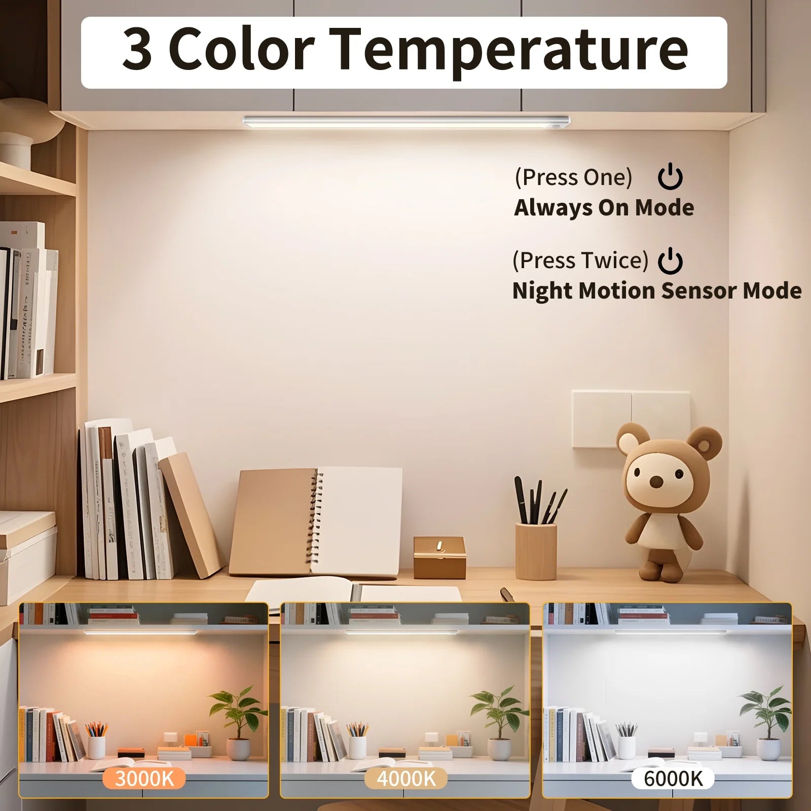 Under Cabinet Lighting Wireless 16 Inches, 108 LED Rechargeable Motion Sensor Light Indoor with 3 Color Temps & Dimming, Closet Lights Motion Sensored for Kitchen, Pantry, Stairs, 2 Pack