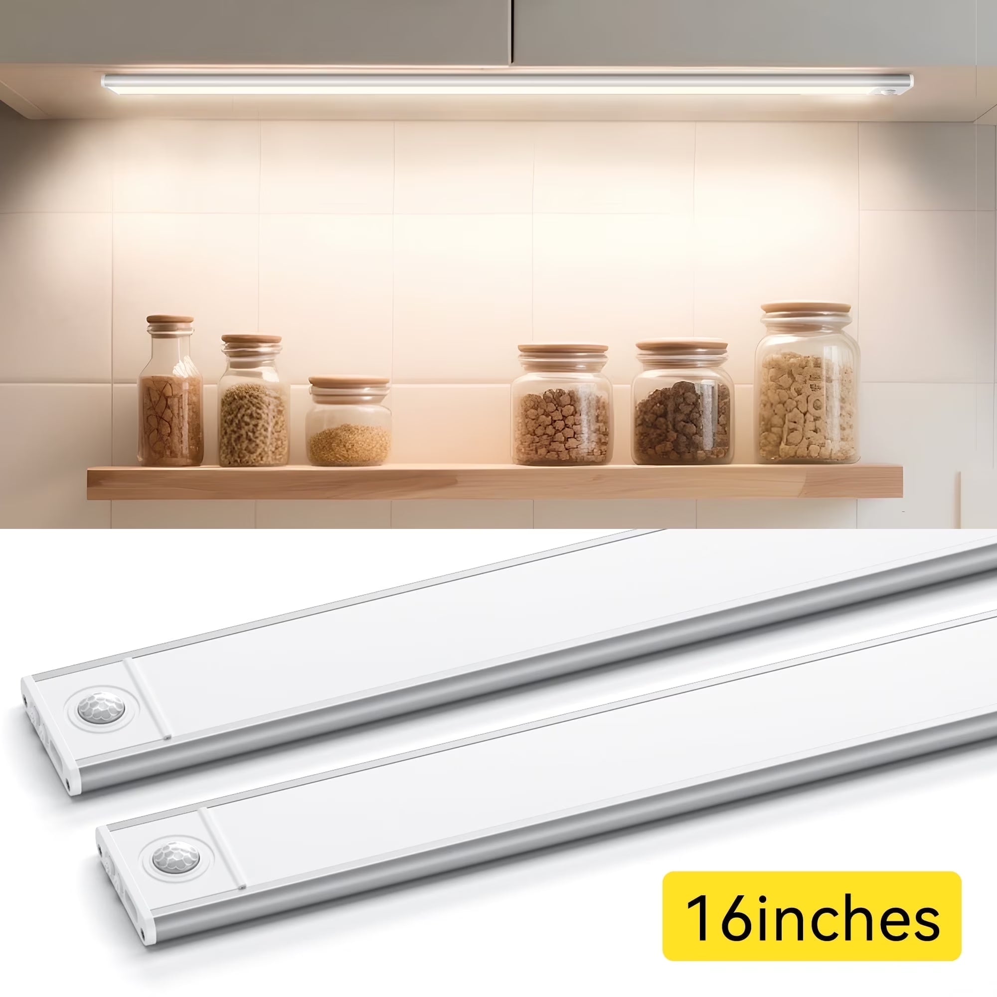 Under Cabinet Lighting Wireless 16 Inches, 108 LED Rechargeable Motion Sensor Light Indoor with 3 Color Temps & Dimming, Closet Lights Motion Sensored for Kitchen, Pantry, Stairs, 2 Pack