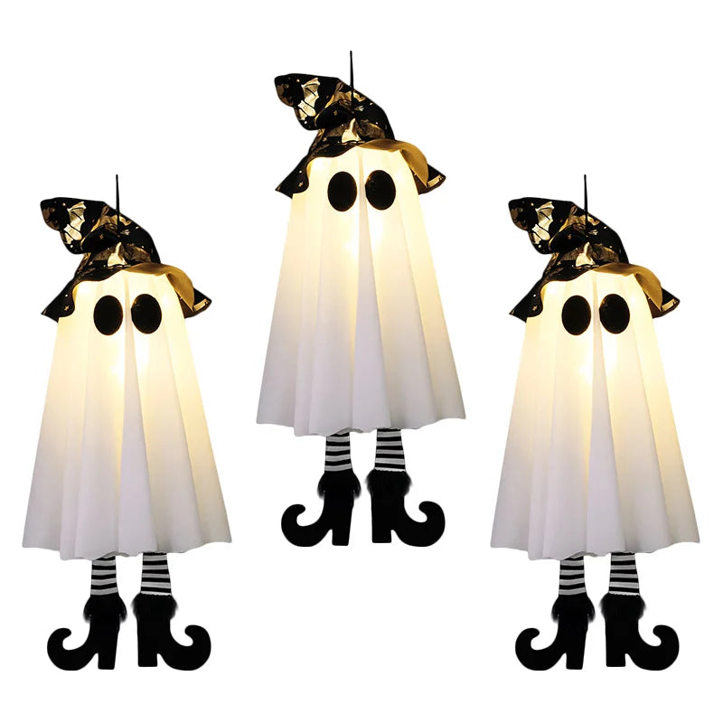3-Pack Light-Up Hanging Halloween Ghosts with Witch Hats