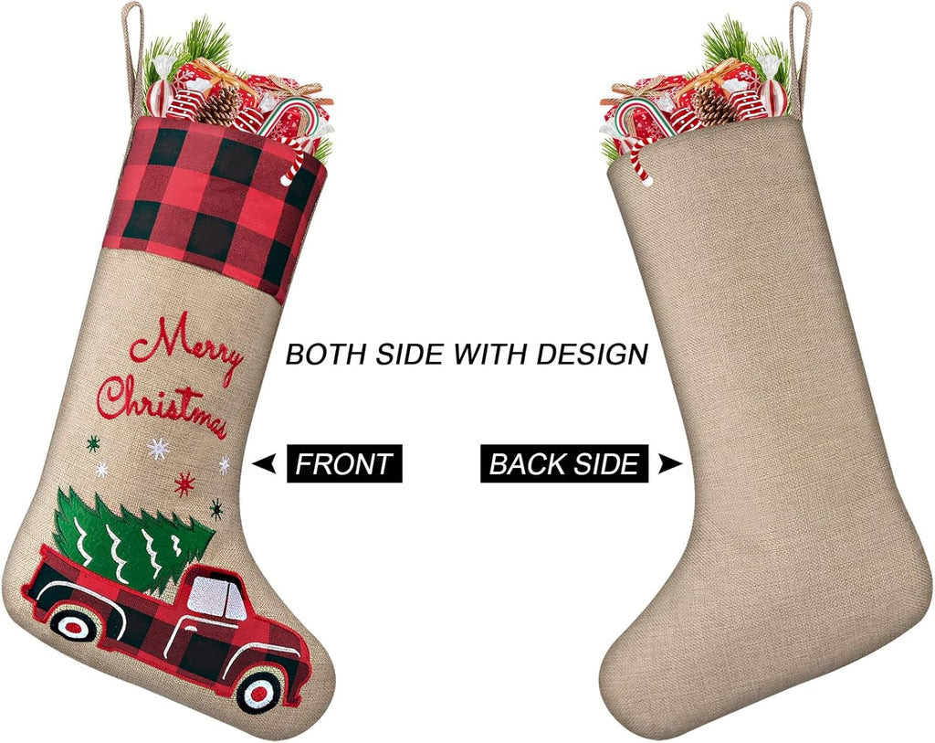 Burlap Christmas Stockings with Red Truck Xmas Decor 2 Pack, Buffalo Plaid Christmas Stockings 18-Inch Red Truck Christmas Ornaments Decorations