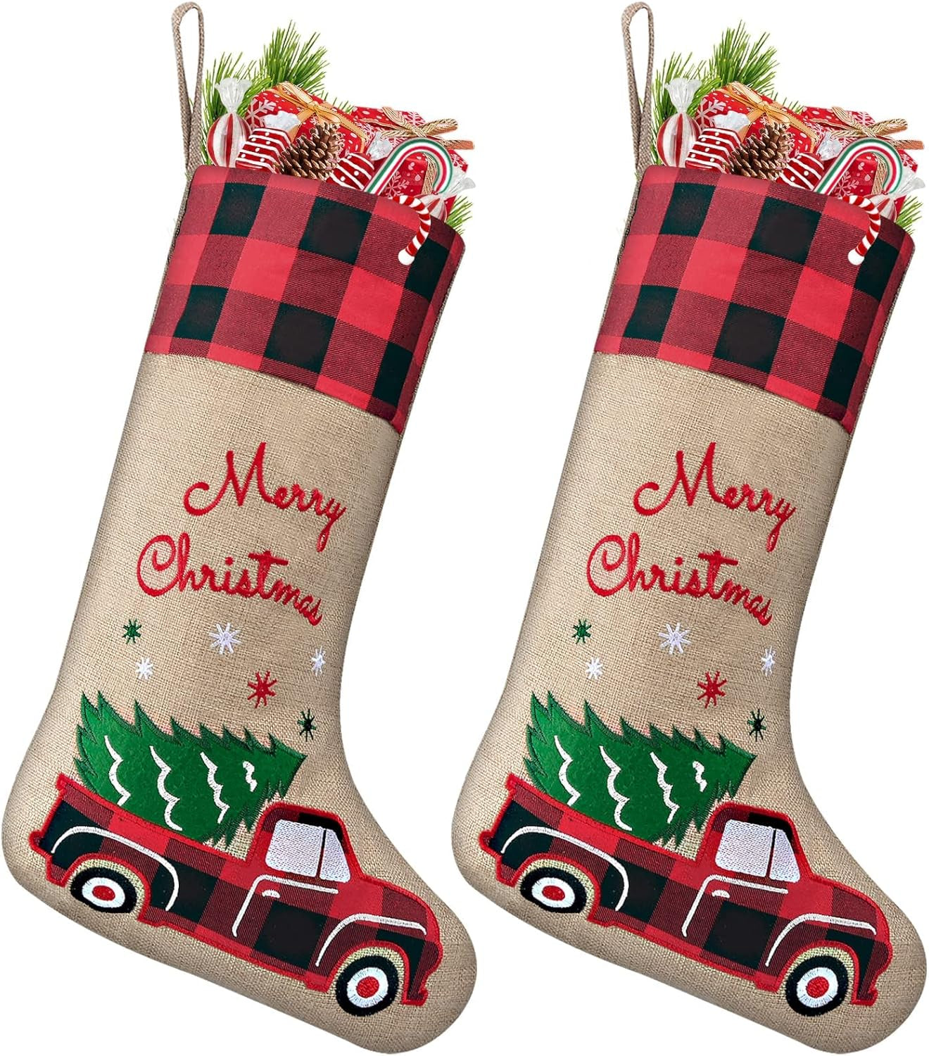 Burlap Christmas Stockings with Red Truck Xmas Decor 2 Pack, Buffalo Plaid Christmas Stockings 18-Inch Red Truck Christmas Ornaments Decorations