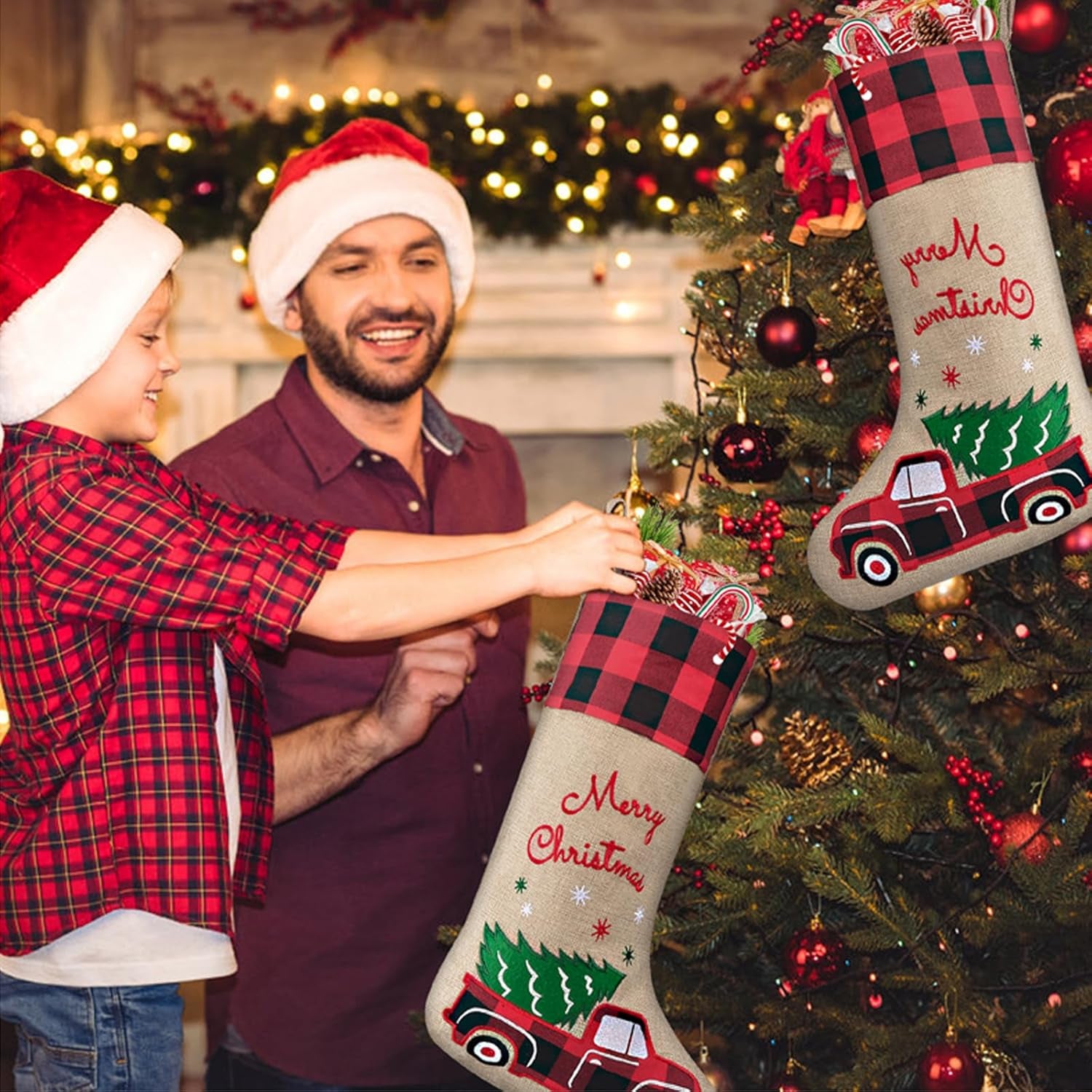 Burlap Christmas Stockings with Red Truck Xmas Decor 2 Pack, Buffalo Plaid Christmas Stockings 18-Inch Red Truck Christmas Ornaments Decorations