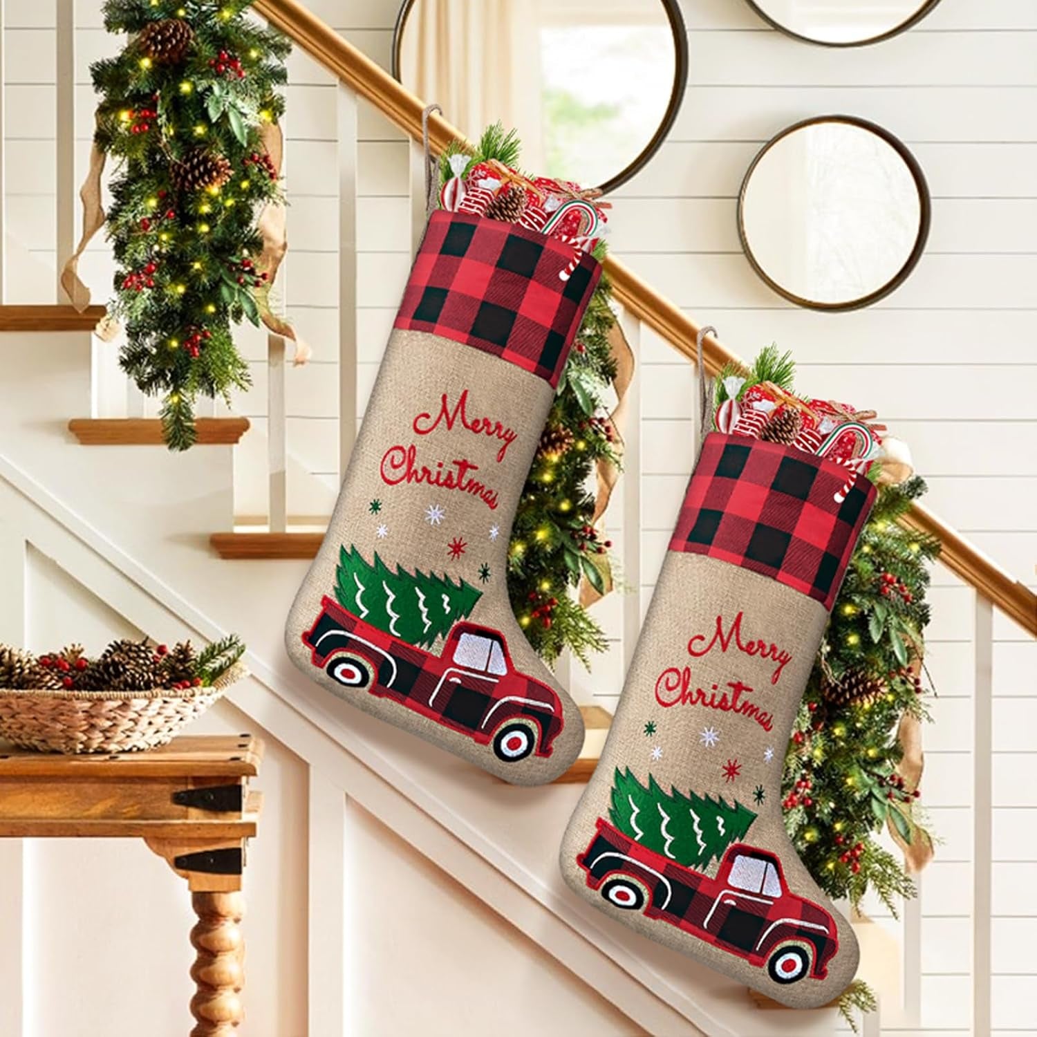 Burlap Christmas Stockings with Red Truck Xmas Decor 2 Pack, Buffalo Plaid Christmas Stockings 18-Inch Red Truck Christmas Ornaments Decorations